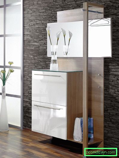 small-modern-hodnik-storage-design-for-contemporary-ozek hodnik-with-wall-mirror-clothing-hooks-and-stone-wall-ideas