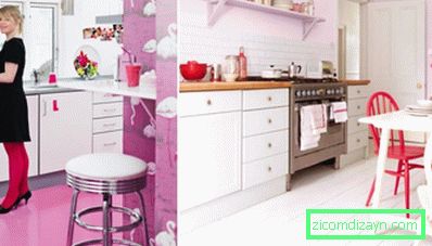 Notranjost kuhinje v roza barvah s hladnim podtonom